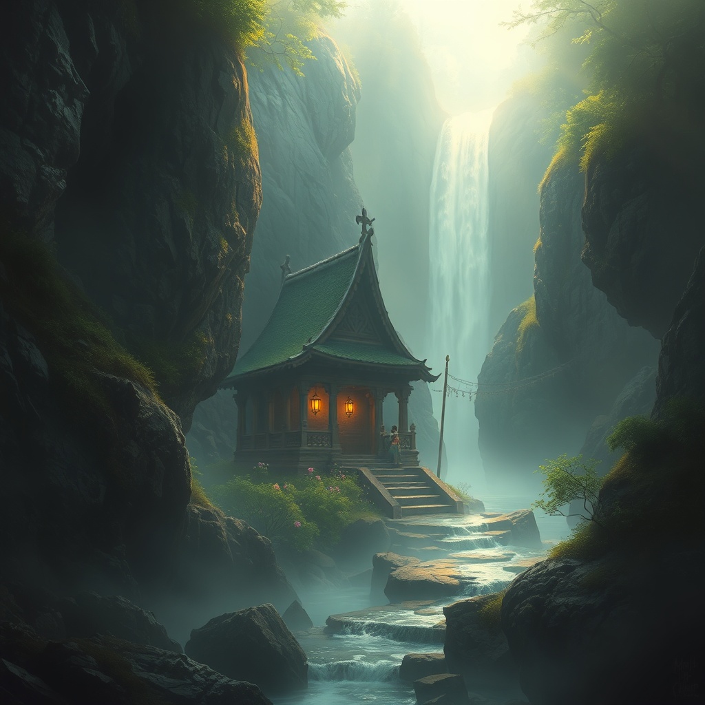 a hidden waterfall shrine, dark fantasy concept art, detailed, soft morning mist, highly detailed
