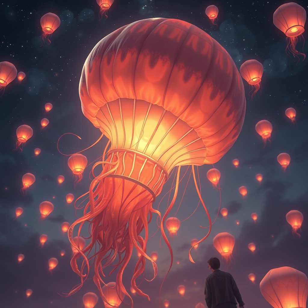 a jellyfish sky lantern festival, dark fantasy concept art, detailed, cool moonlight, highly detaile...