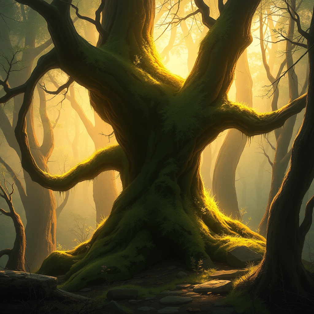 a moss-covered forest spirit, digital painting, artstation trending, golden hour light, highly detai...