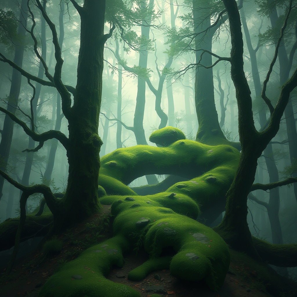 a moss-covered forest spirit, digital painting, artstation trending, gentle overcast light, highly d...
