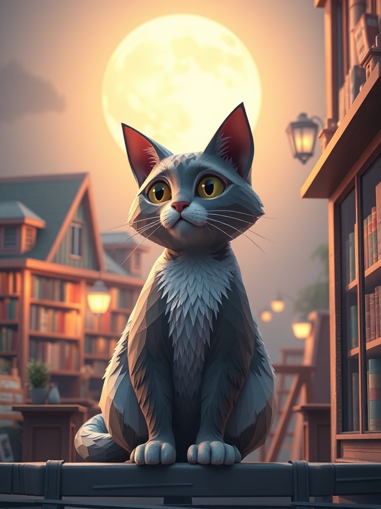 an old bookshop cat, low poly 3d render, pastel palette, cool moonlight, highly detailed