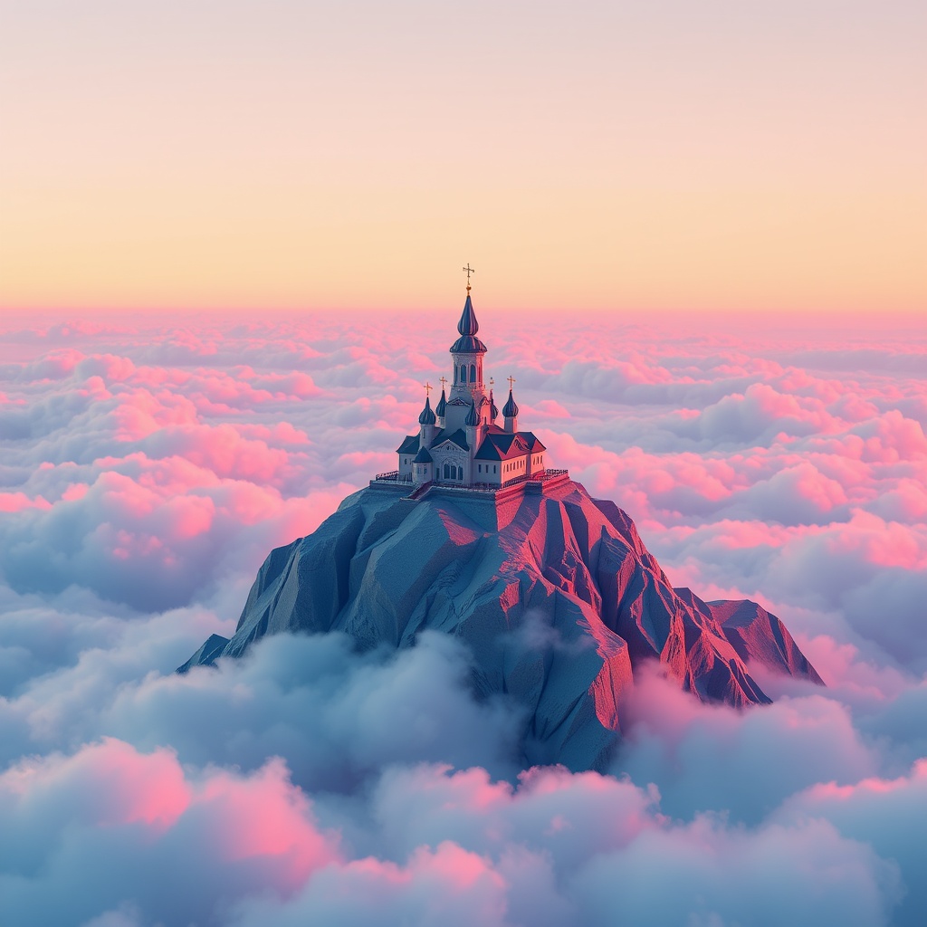 a mountain monastery above the clouds, low poly 3d render, pastel palette, neon reflections, highly...