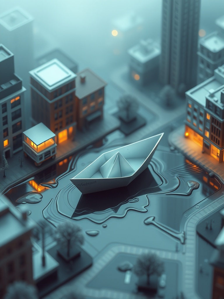 a paper boat sailing through city puddles, isometric diorama, blender render, moody volumetric fog,...