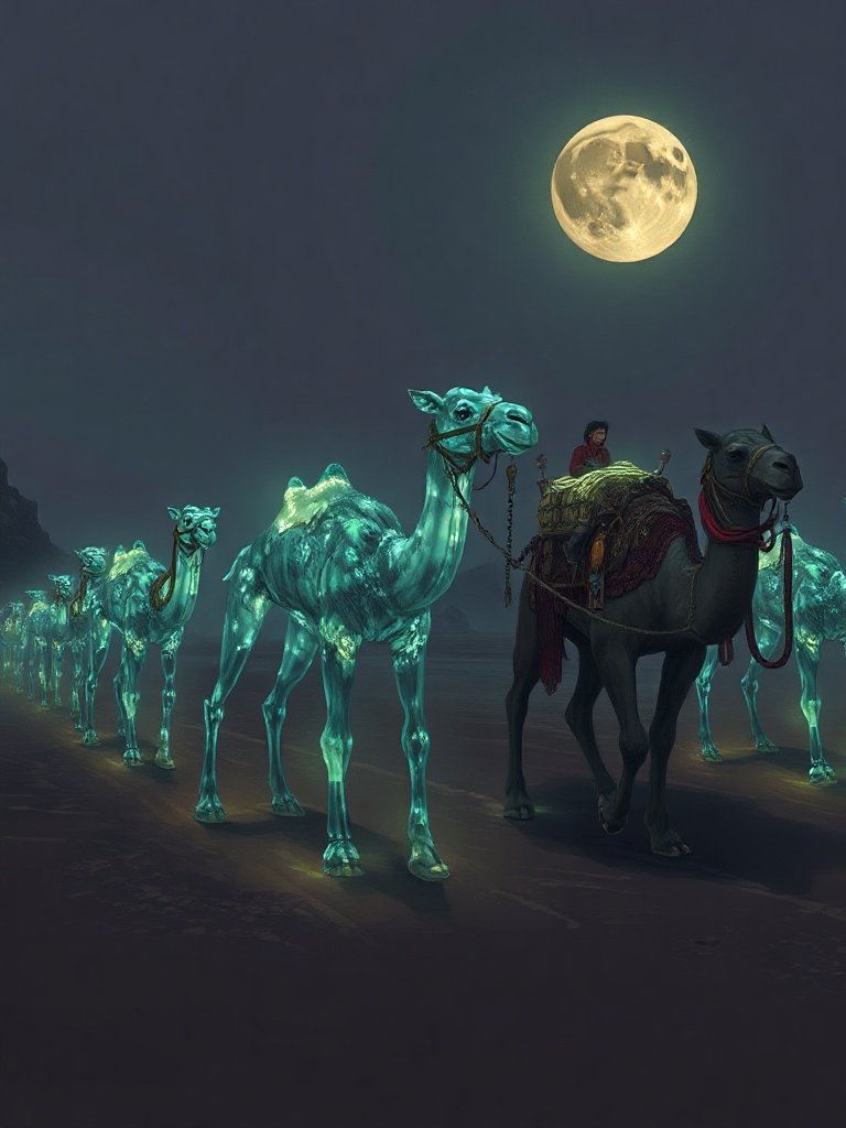 a desert caravan of glass camels, dark fantasy concept art, detailed, bioluminescent glow, highly de...