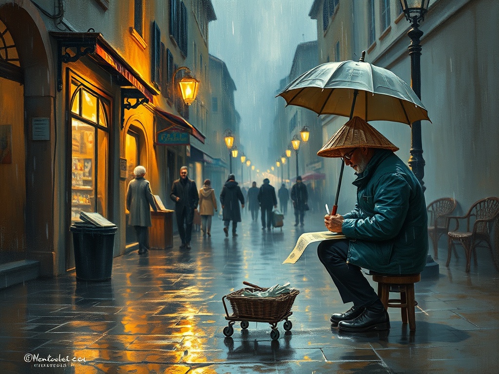 a street calligrapher in the rain, oil painting, impressionist brushwork, warm candlelight, highly d...