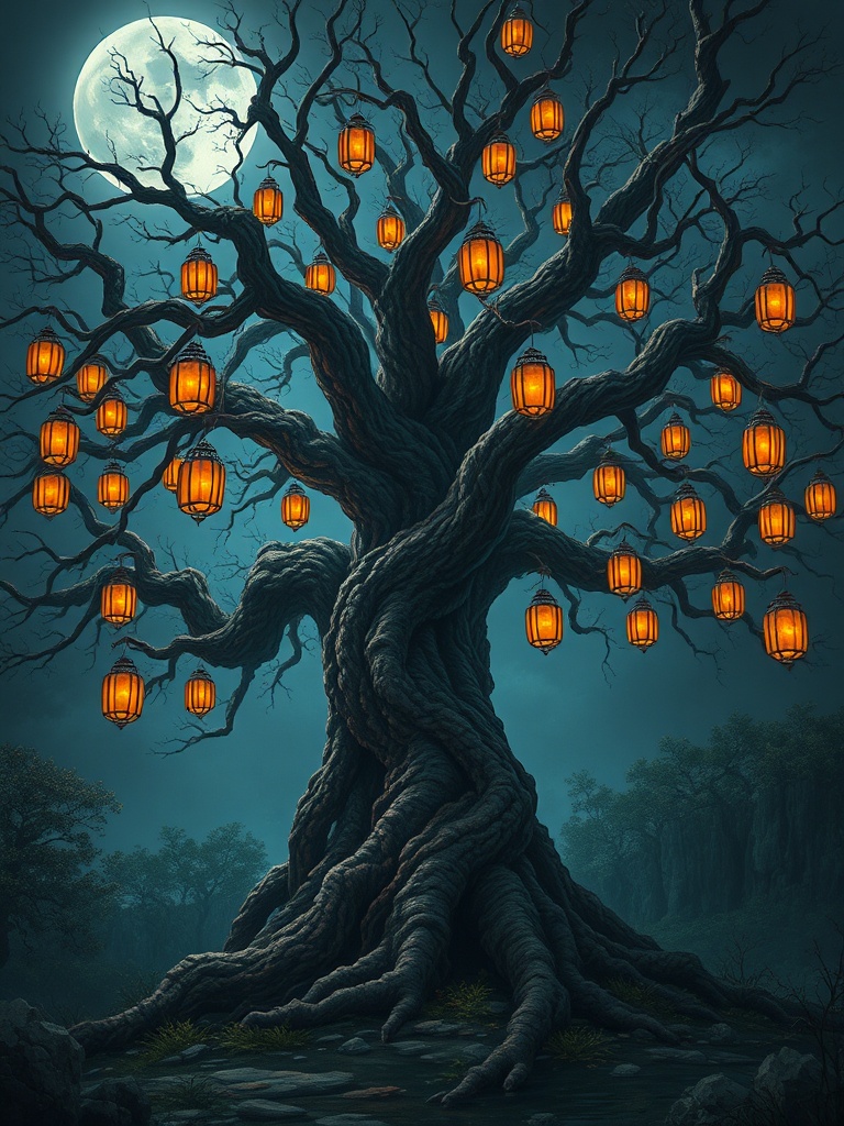 an ancient tree with lantern fruit, dark fantasy concept art, detailed, cool moonlight, highly detai...