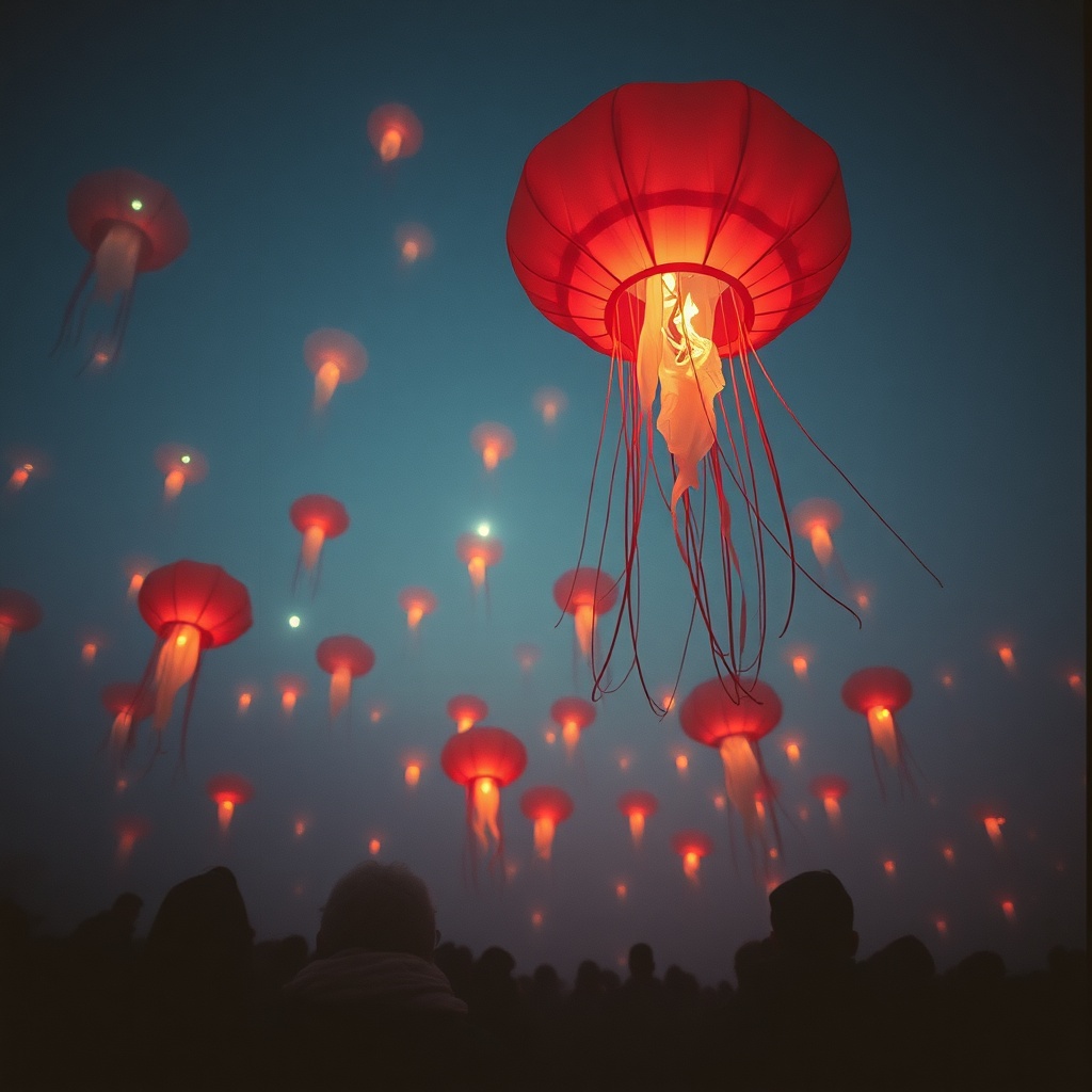 a jellyfish sky lantern festival, cinematic photography, 35mm film grain, moody volumetric fog, high...