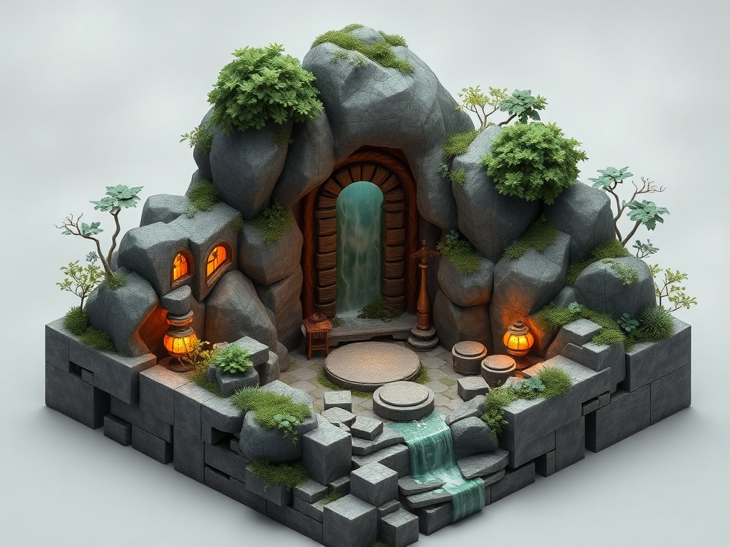 a hidden waterfall shrine, isometric diorama, blender render, gentle overcast light, highly detailed