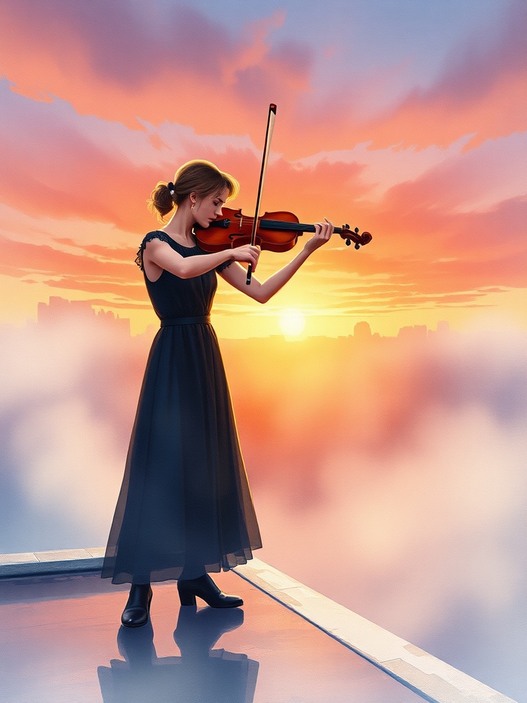 a violinist on a rooftop at dawn, watercolor illustration, soft edges, soft morning mist, highly det...