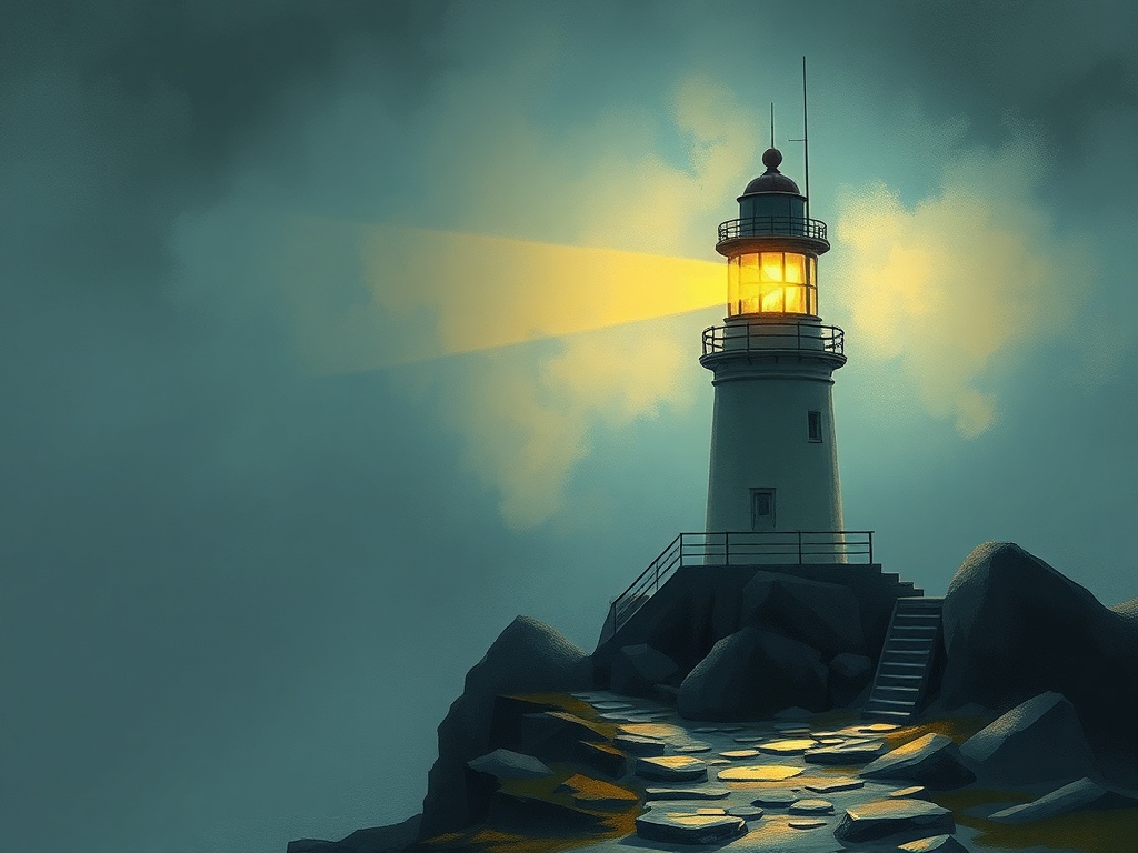 a lone lighthouse keeper, studio ghibli inspired, hand painted, moody volumetric fog, highly detaile...