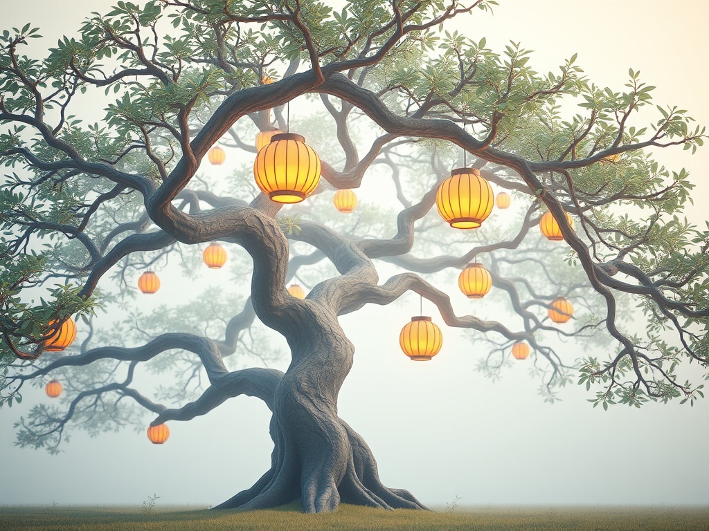 an ancient tree with lantern fruit, low poly 3d render, pastel palette, soft morning mist, highly de...