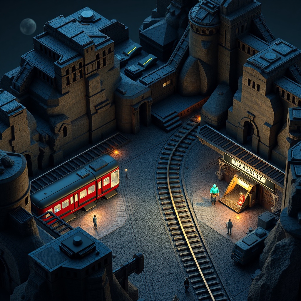 a train station between worlds, isometric diorama, blender render, bioluminescent glow, highly detai...