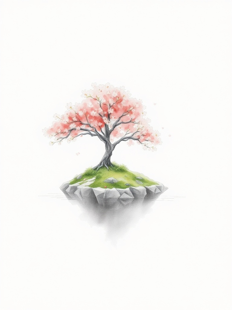 a tiny island with a single cherry tree, pencil sketch with soft watercolor wash, soft morning mist,...