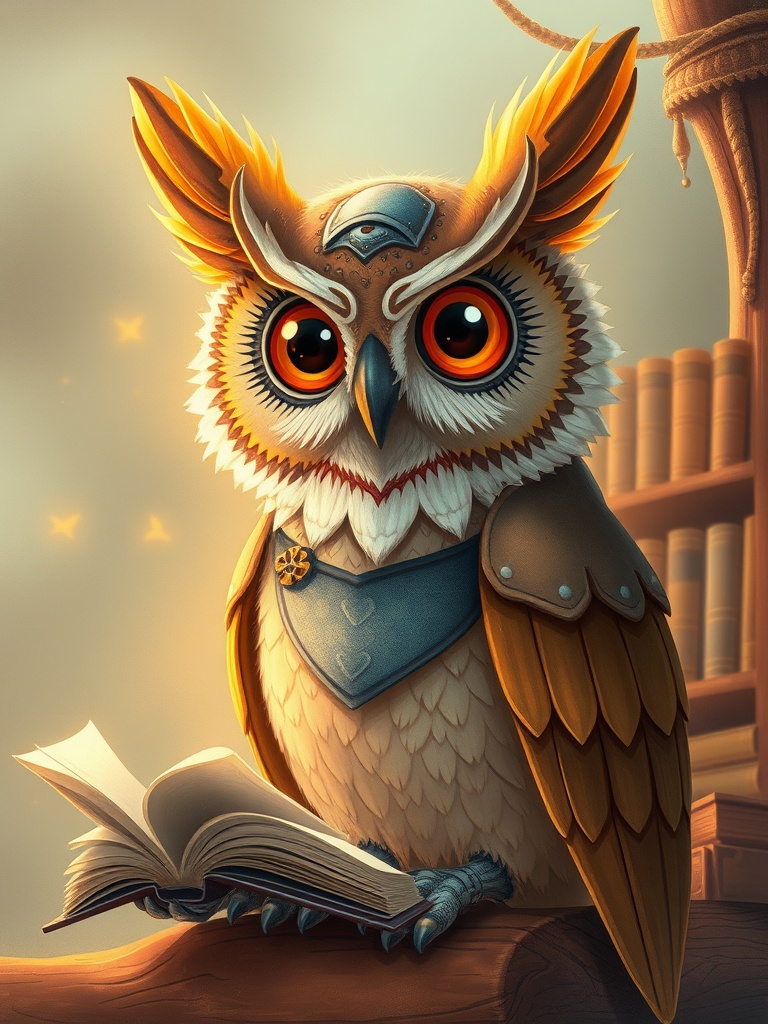 a mechanical owl librarian, children book illustration, warm and gentle, golden hour light, highly d...