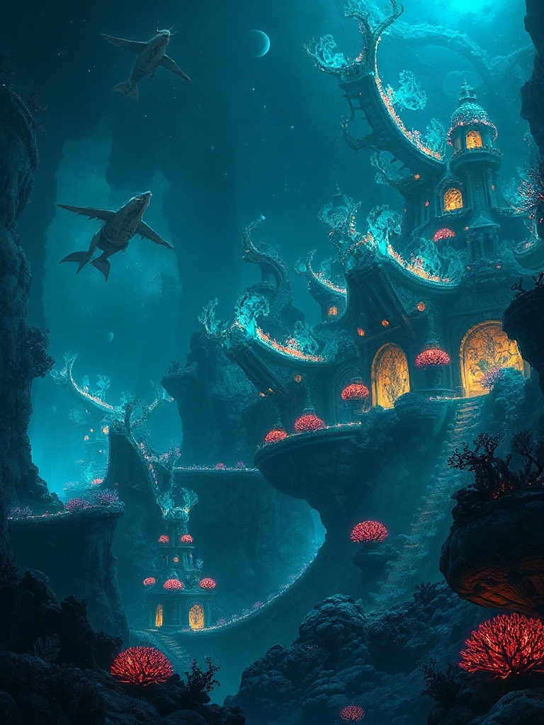 a coral reef city, dark fantasy concept art, detailed, bioluminescent glow, highly detailed