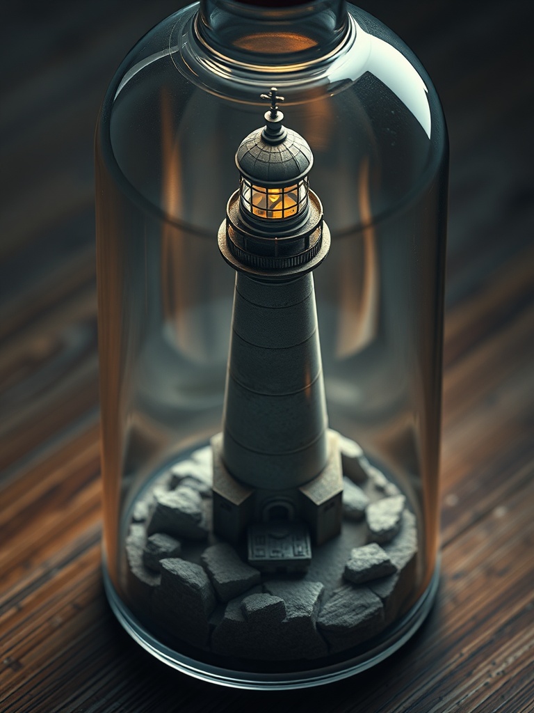 a lighthouse inside a bottle, isometric diorama, blender render, dramatic rim lighting, highly detai...