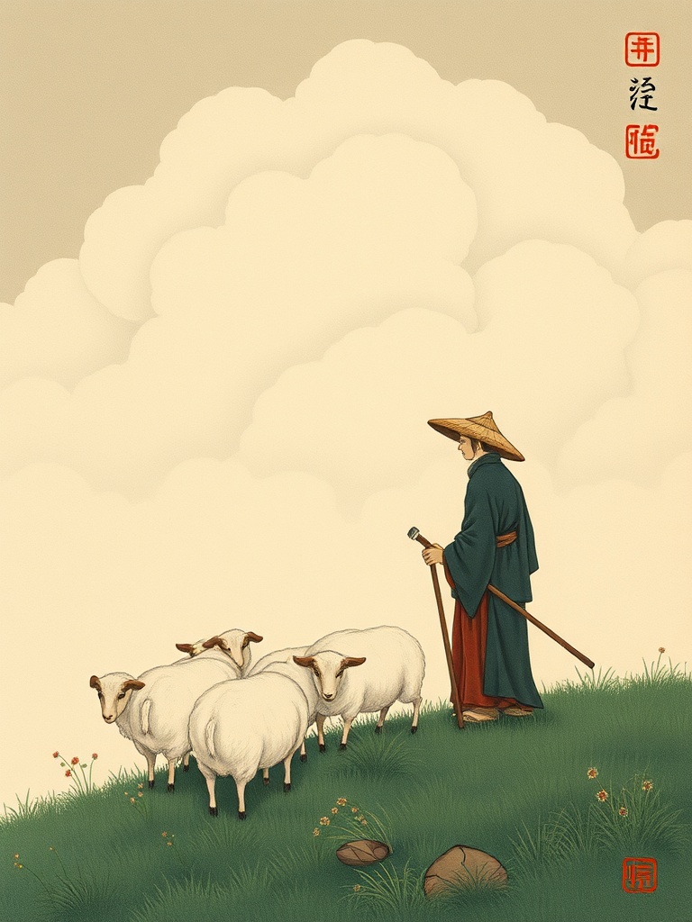 a cloud shepherd herding cumulus sheep, ukiyo-e woodblock style, flat colors, soft morning mist, hig...