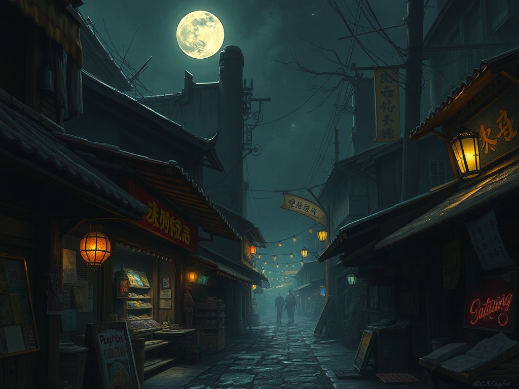 a night market alley, dark fantasy concept art, detailed, cool moonlight, highly detailed