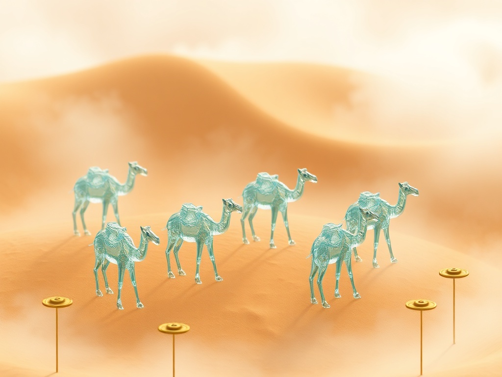 a desert caravan of glass camels, isometric diorama, blender render, soft morning mist, highly detai...