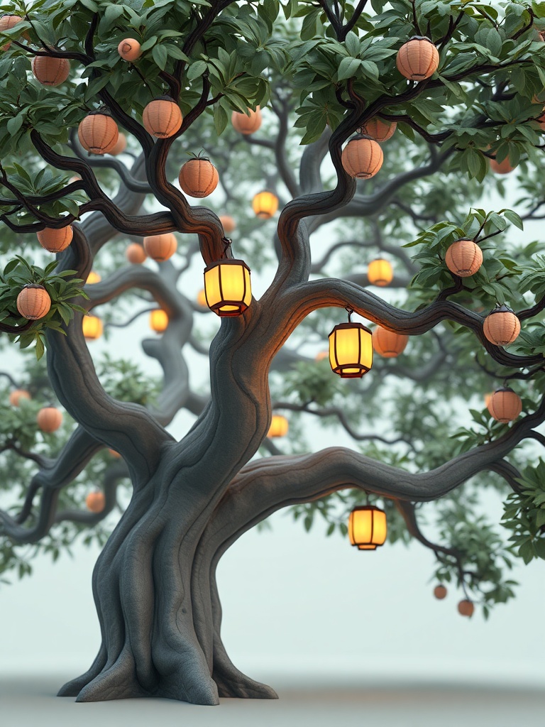an ancient tree with lantern fruit, low poly 3d render, pastel palette, gentle overcast light, highl...