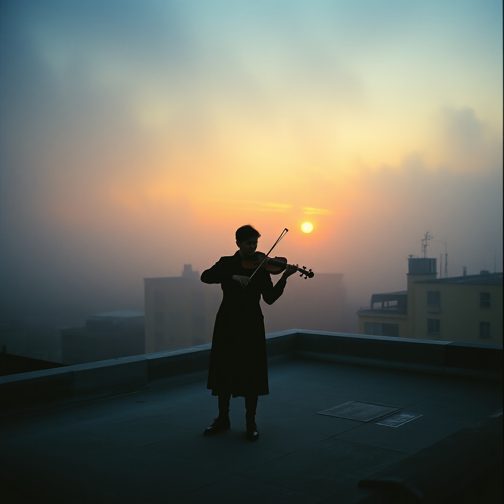 a violinist on a rooftop at dawn, cinematic photography, 35mm film grain, moody volumetric fog, high...