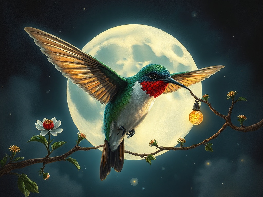 a clockwork hummingbird, studio ghibli inspired, hand painted, cool moonlight, highly detailed