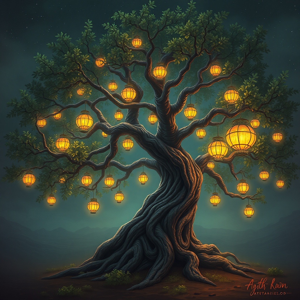 an ancient tree with lantern fruit, digital painting, artstation trending, bioluminescent glow, high...