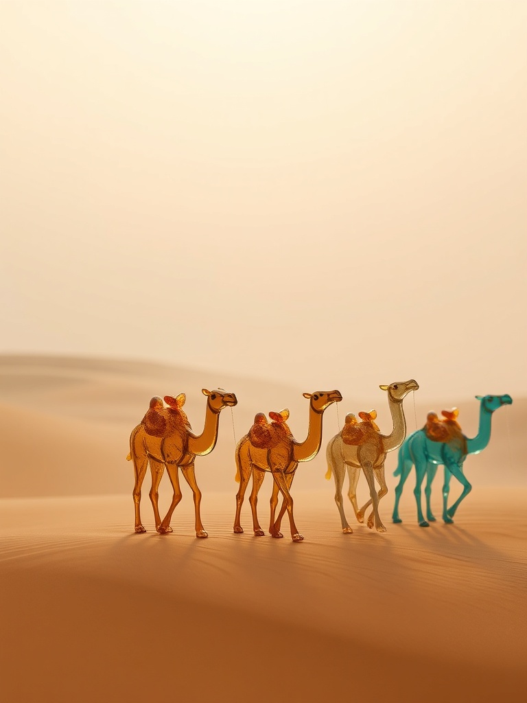 a desert caravan of glass camels, studio ghibli inspired, hand painted, soft morning mist, highly de...