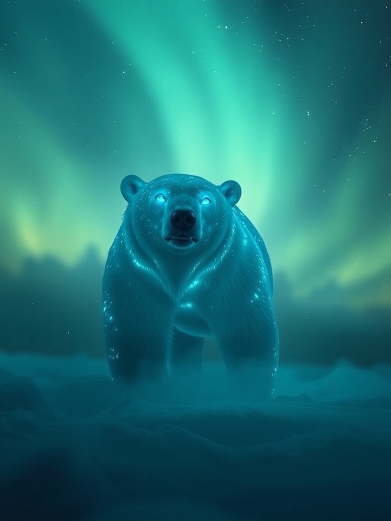 a polar bear made of northern lights, cinematic photography, 35mm film grain, soft morning mist, hig...