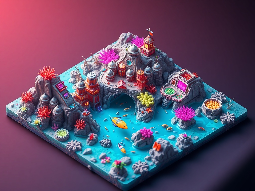 a coral reef city, isometric diorama, blender render, neon reflections, highly detailed