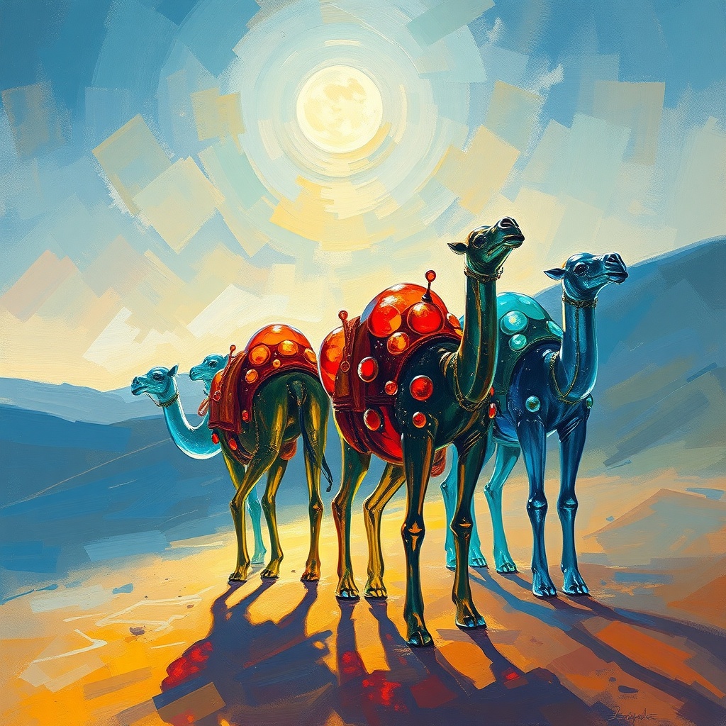 a desert caravan of glass camels, oil painting, impressionist brushwork, cool moonlight, highly deta...