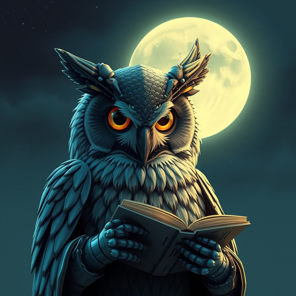 a mechanical owl librarian, vaporwave aesthetic, retro futurism, cool moonlight, highly detailed