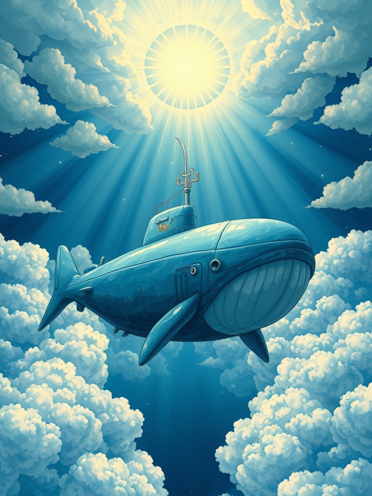 a submarine shaped like a whale, studio ghibli inspired, hand painted, god rays through clouds, high...
