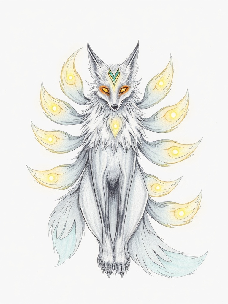 a fox spirit with nine glowing tails, pencil sketch with soft watercolor wash, bioluminescent glow,...