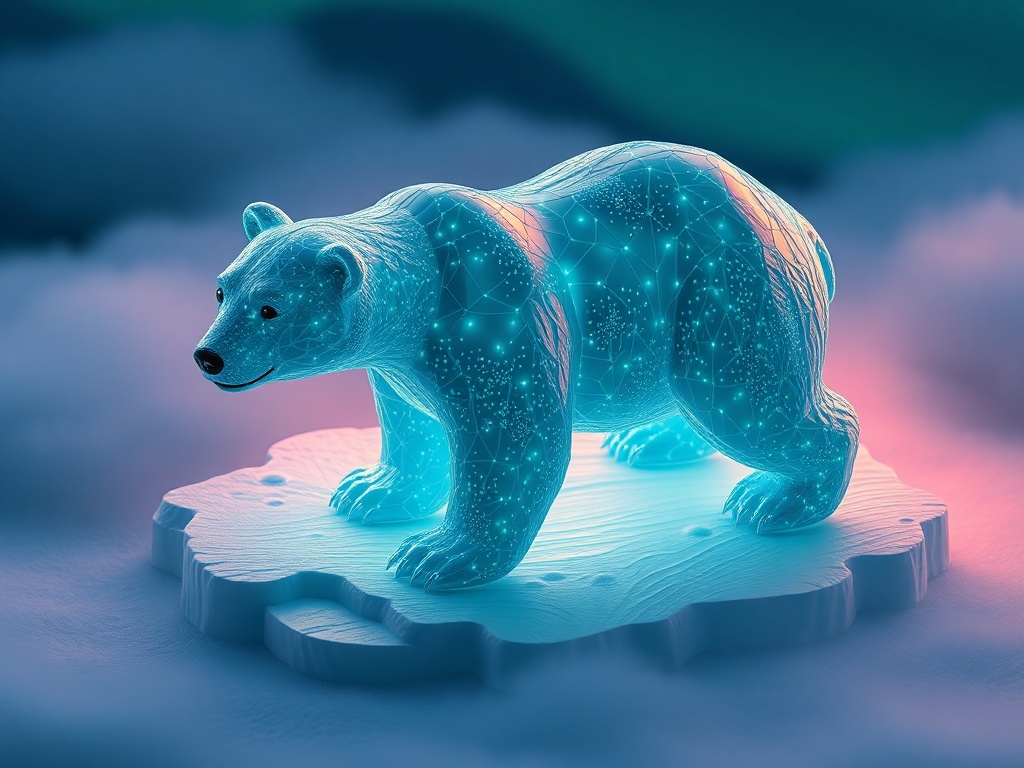 a polar bear made of northern lights, isometric diorama, blender render, moody volumetric fog, highl...