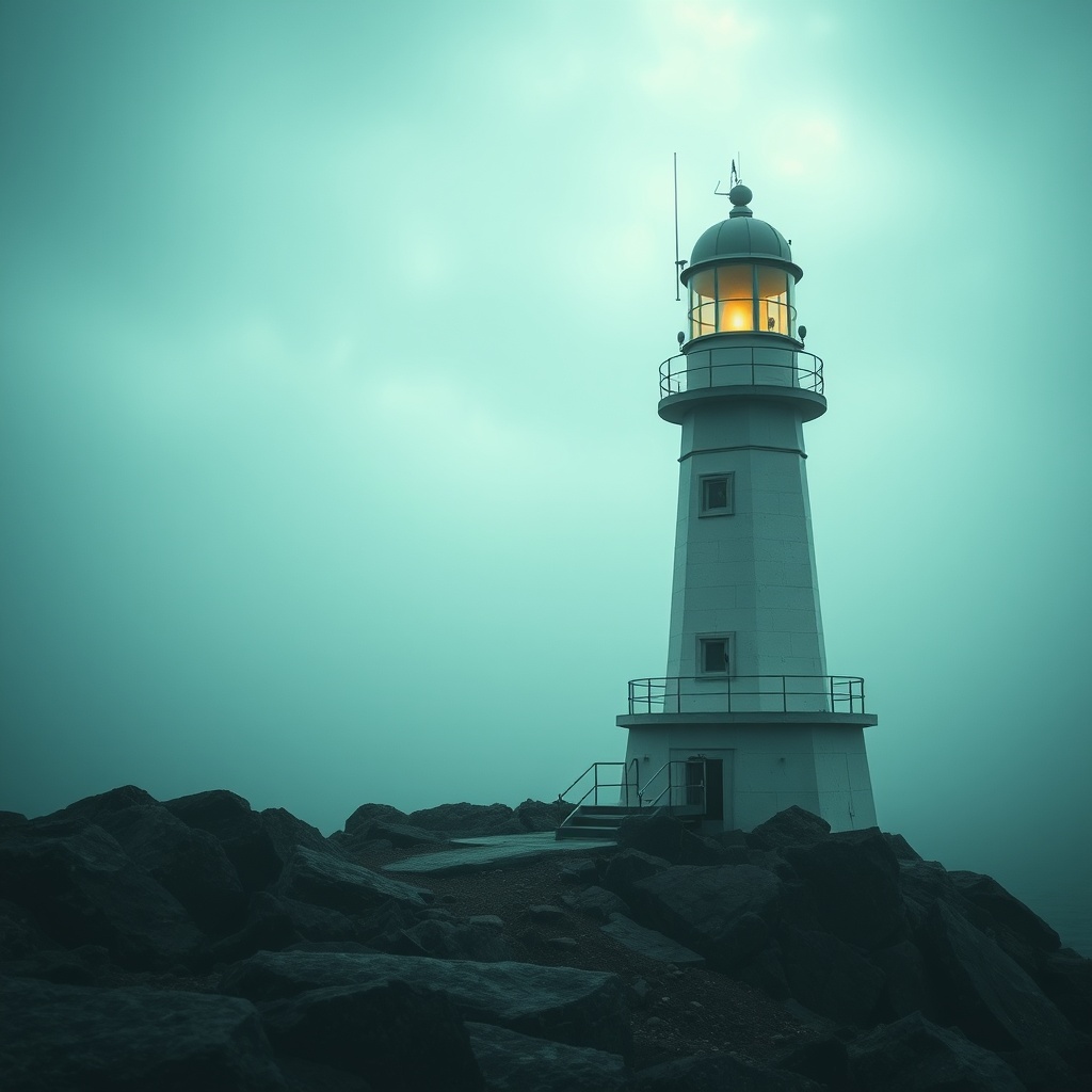 a lone lighthouse keeper, vaporwave aesthetic, retro futurism, gentle overcast light, highly detaile...
