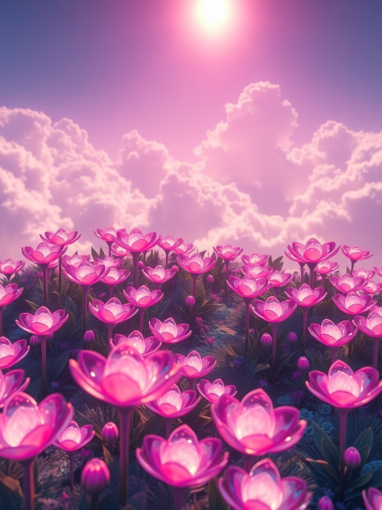 a garden of glowing glass flowers, isometric diorama, blender render, god rays through clouds, highl...