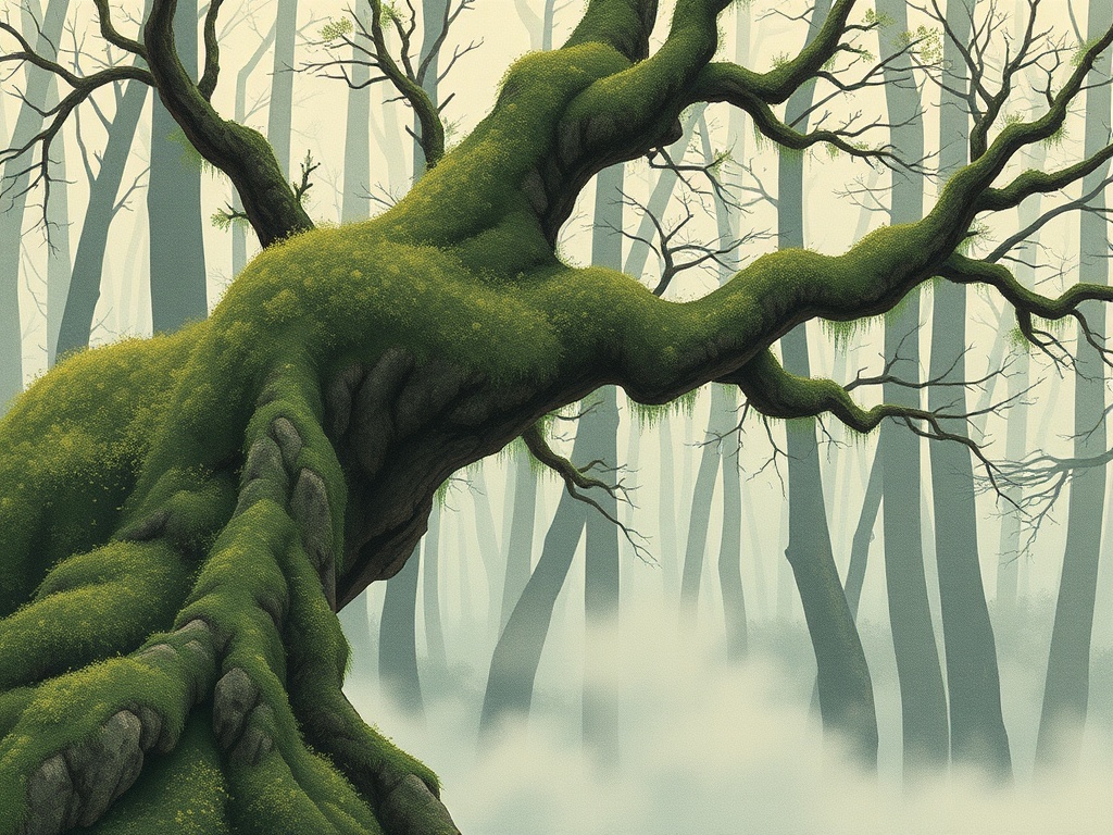 a moss-covered forest spirit, ukiyo-e woodblock style, flat colors, soft morning mist, highly detail...