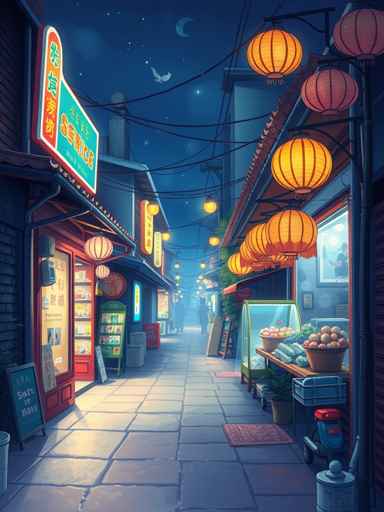 a night market alley, children book illustration, warm and gentle, neon reflections, highly detailed
