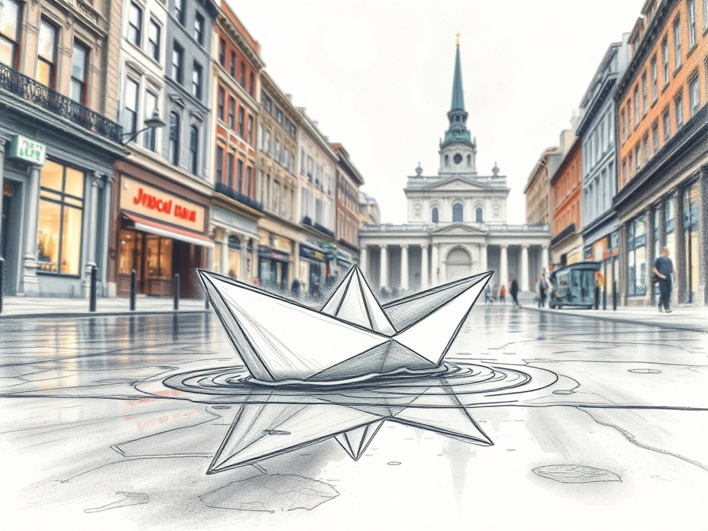 a paper boat sailing through city puddles, pencil sketch with soft watercolor wash, cool moonlight,...