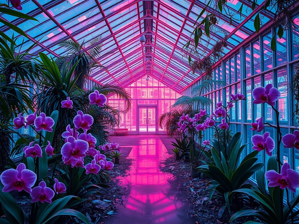 an abandoned greenhouse reclaimed by orchids, vaporwave aesthetic, retro futurism, neon reflections,...