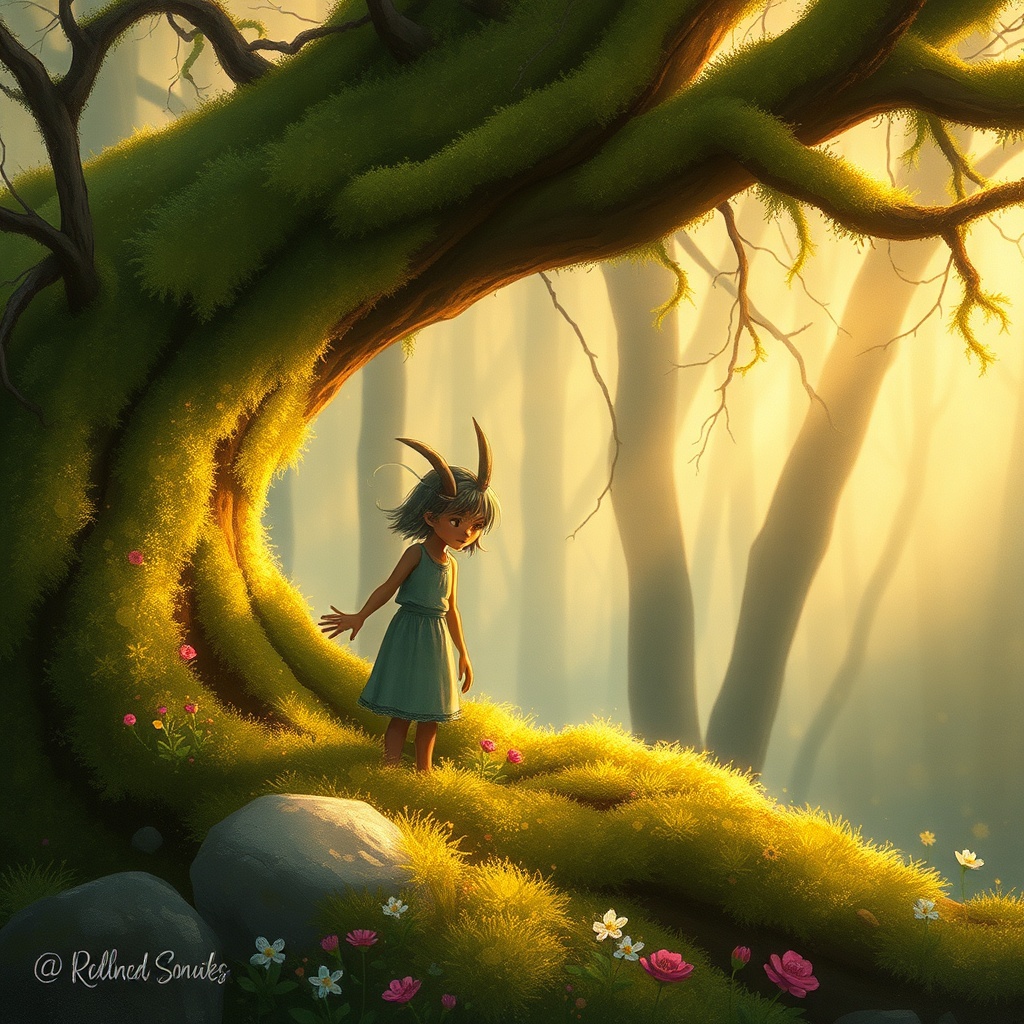 a moss-covered forest spirit, children book illustration, warm and gentle, golden hour light, highly...