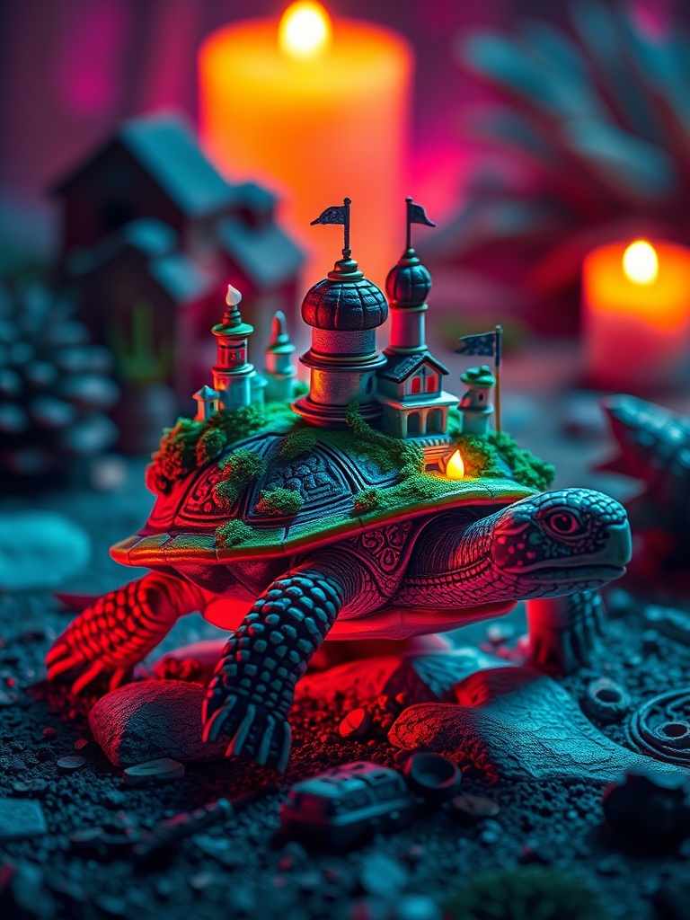 a turtle carrying a miniature kingdom, vaporwave aesthetic, retro futurism, warm candlelight, highly...