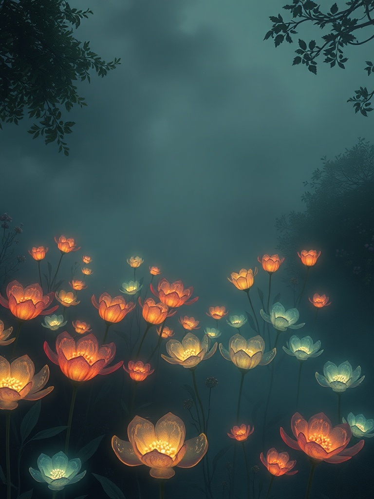 a garden of glowing glass flowers, studio ghibli inspired, hand painted, moody volumetric fog, highl...