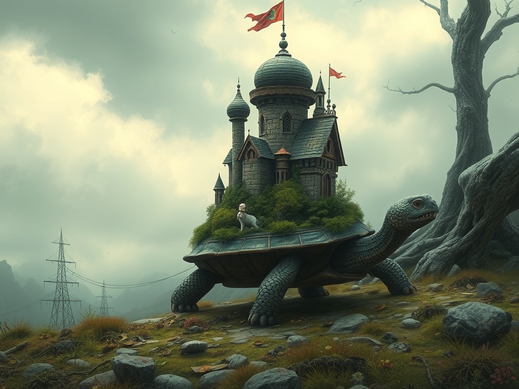 a turtle carrying a miniature kingdom, dark fantasy concept art, detailed, gentle overcast light, hi...