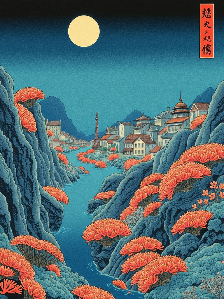 a coral reef city, ukiyo-e woodblock style, flat colors, cool moonlight, highly detailed