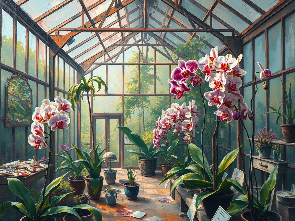 an abandoned greenhouse reclaimed by orchids, oil painting, impressionist brushwork, neon reflection...