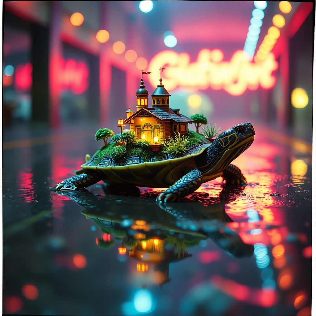 a turtle carrying a miniature kingdom, cinematic photography, 35mm film grain, neon reflections, hig...